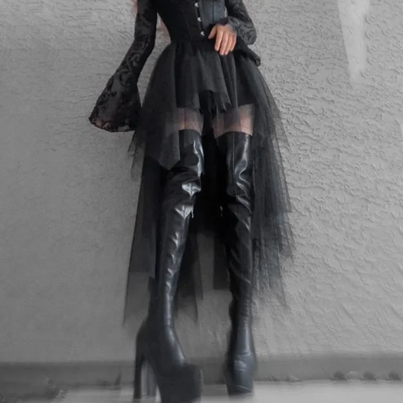 

Sexy Gothic Skirts For Women Hotsweet Irregular Mesh Black Skirt Streetwear Elastic Waist Front Short Back Long Y2K Lady's Skirt