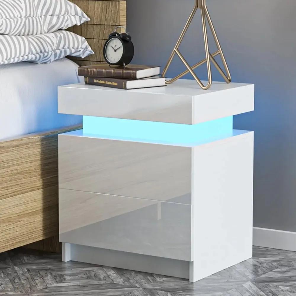 

modern LED bedside table with 2 drawers, high gloss LED lights, bedside table storage, white bedside table with lights