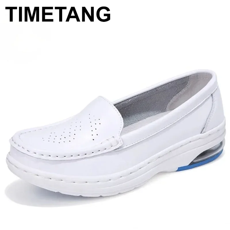 

New Genuine Leather Soft Cushion Loafers Fashion Low Mouth Slip-on Ladies Nurse Shoes Women Hospital White Work Shoes