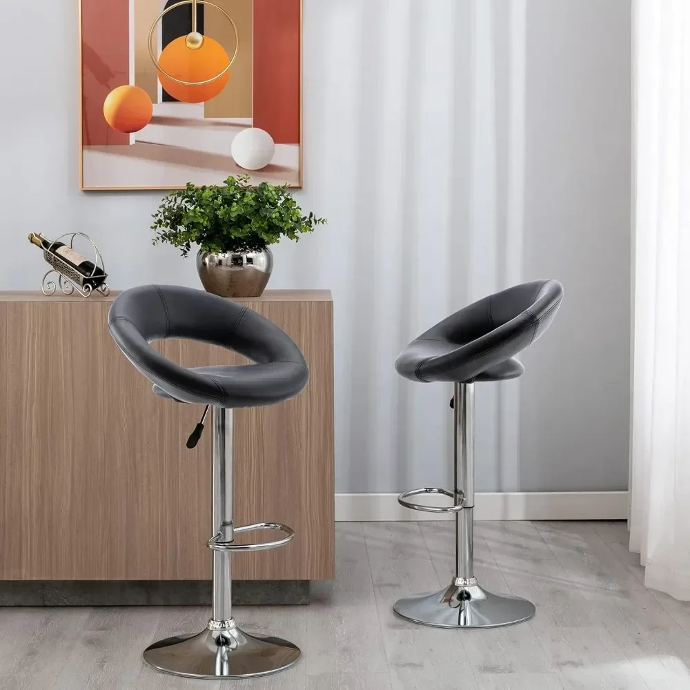 Adjustable Bar Stools, Modern Cute PU Leather Swivel Barstools with Hollow Back, Airlift Counter Height Bar Chairs