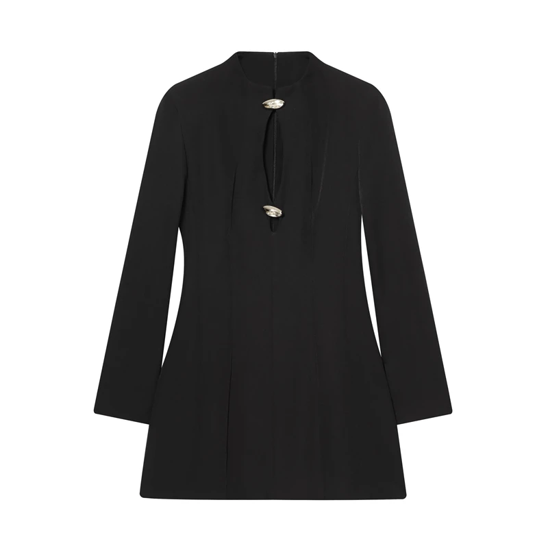 فستان نسائي قصير أسود بأكمام طويلة - فستان أنيق برقبة عالية مع تفاصيل أزرار معدنية، ملابس أنيقة للحفلات والسهرة #1