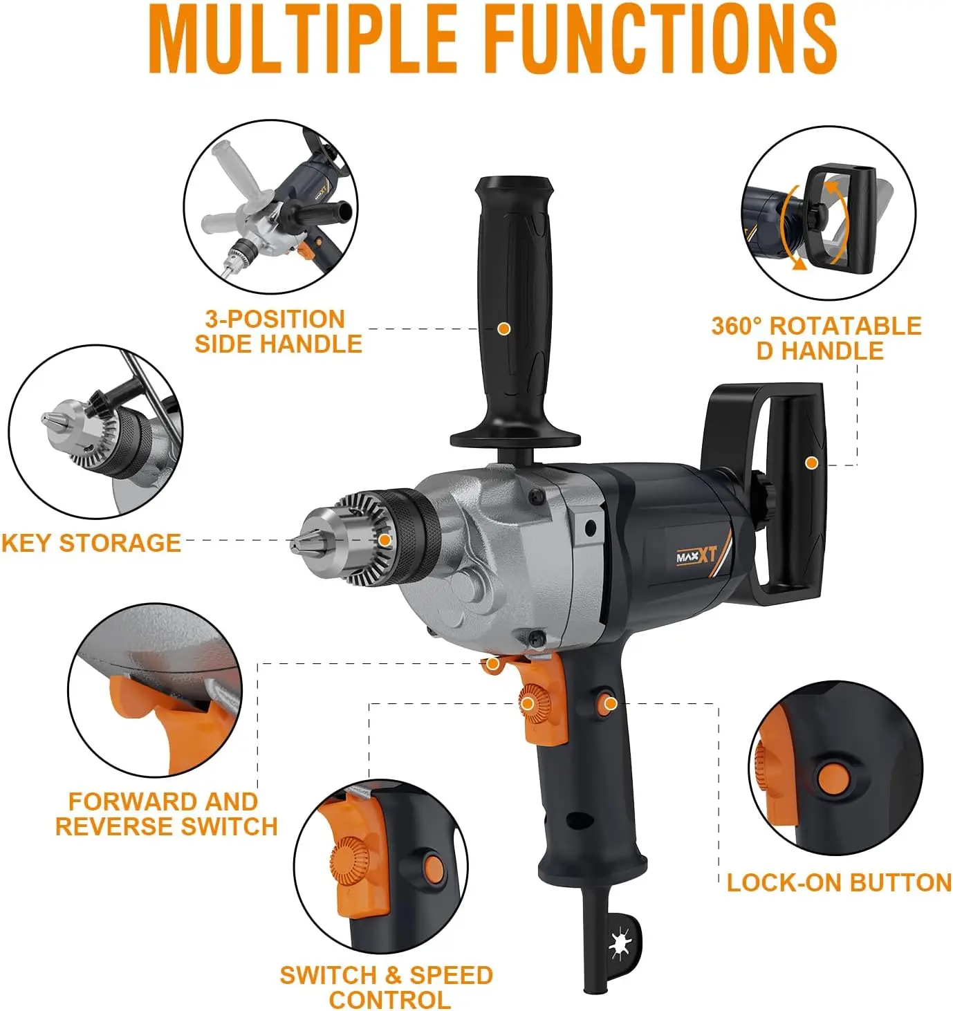 ドリルミキサーセット、スペードハンドル付き、1/2インチ電動コード式ミキシングドリルマシン、9Aモーター、コンクリート・泥ミキサー