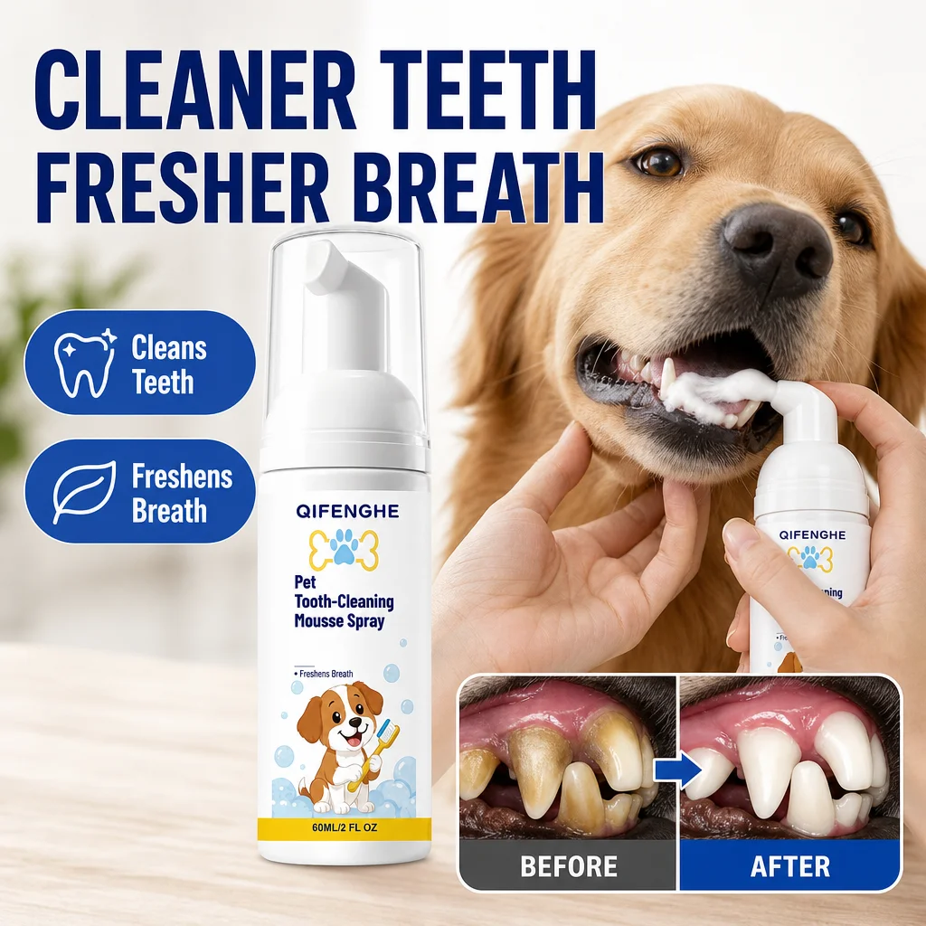 QIFENGHE Pet Tooth-Cleaning Mousse Spray 60ml for Dogs Cats, Pet Dental Foam, Help Reduce Plaque Tartar, Freshen Pets Bad Breath