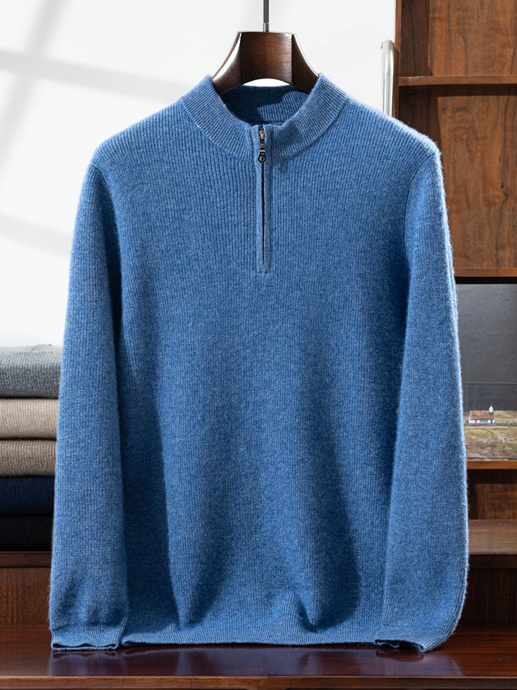 

High-end Men Stand-up Collar Knit Pullover 100% Cashmere Sweater Autumn Winter Warm Half Zipper Smart Casual Knitwear Tops