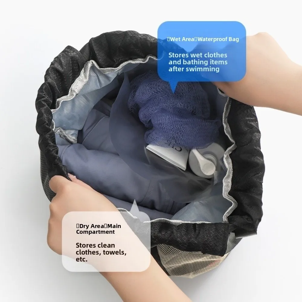 Mochila de natação à prova d'água, bolso para sapatos, separação seca e molhada, bolsa esportiva com cordão, leve, alças ajustáveis, bolsa fitness