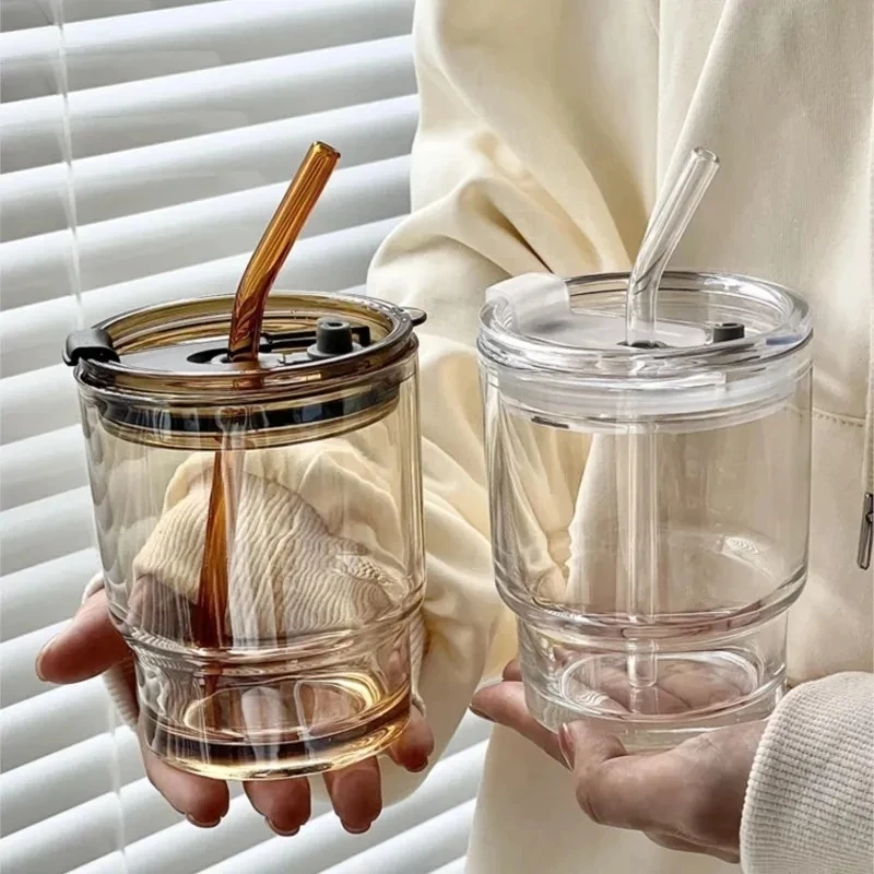 400/450ml Coffee Mug Simple Stripe Glass Cup With Lid and Straw Transparent Bubble Tea Cup Juice Milk Mocha Cups Breakfast Mug