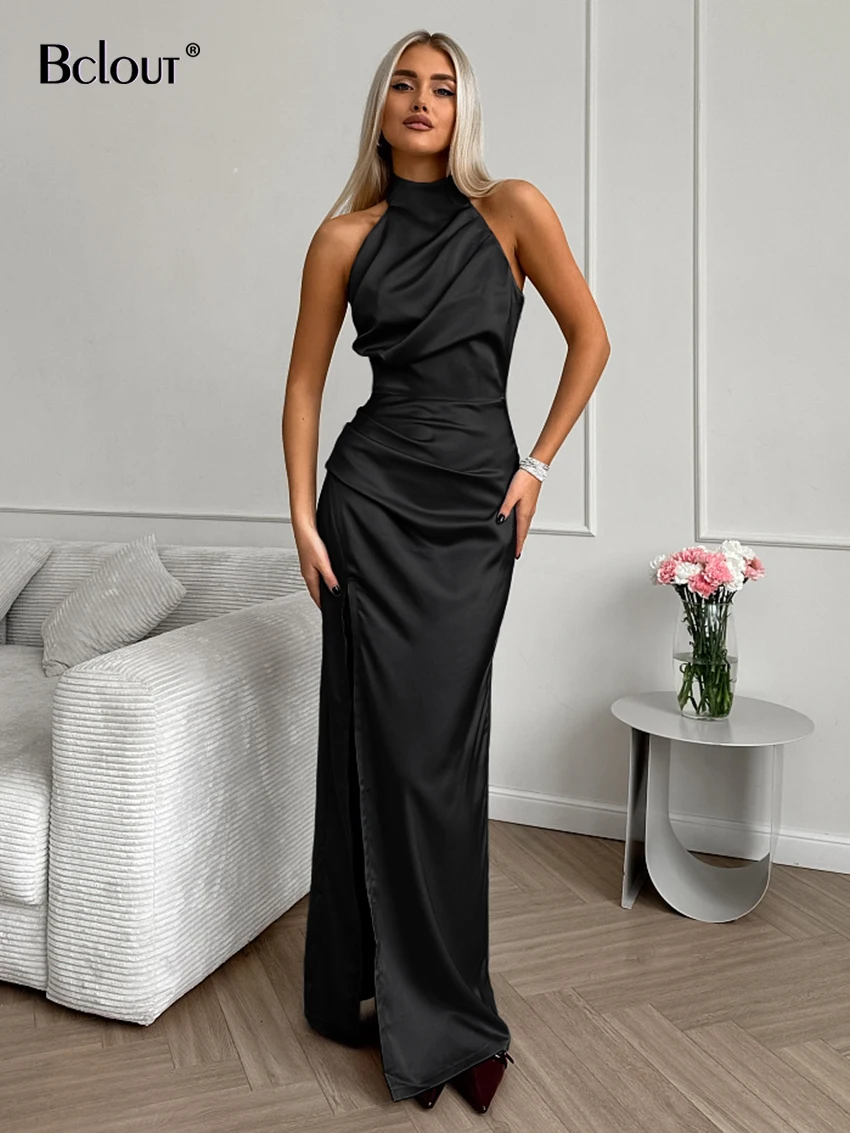 Bclout Summer Blue Ruched Satin Dress Women 2024 Fashion Halter Sexy Slim Long Dresses Casual Black Sleeveless Party Slit Dress