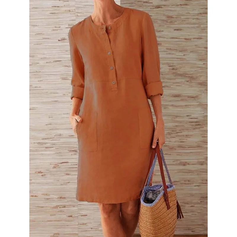 Vrouwen Casual Soild Lange Mouwen Katoenen En Linnen Tuniek Jurk Vintage Rechte Jurk Lange Mouw Oversized Mini Knielengte Jurk
