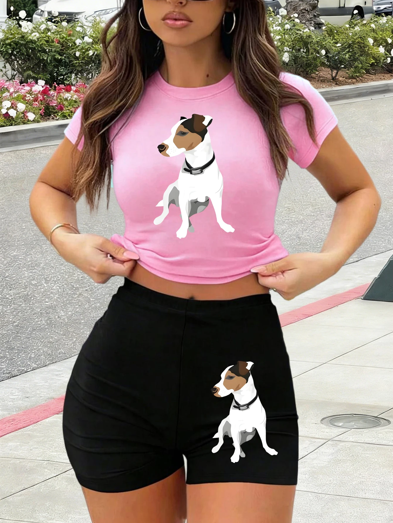 

Комплект летней одежды: укороченная футболка с принтом «Умная собака» и повседневные шорты с эффектом утягивания талии, хлопок, круглый вырез, для женщин