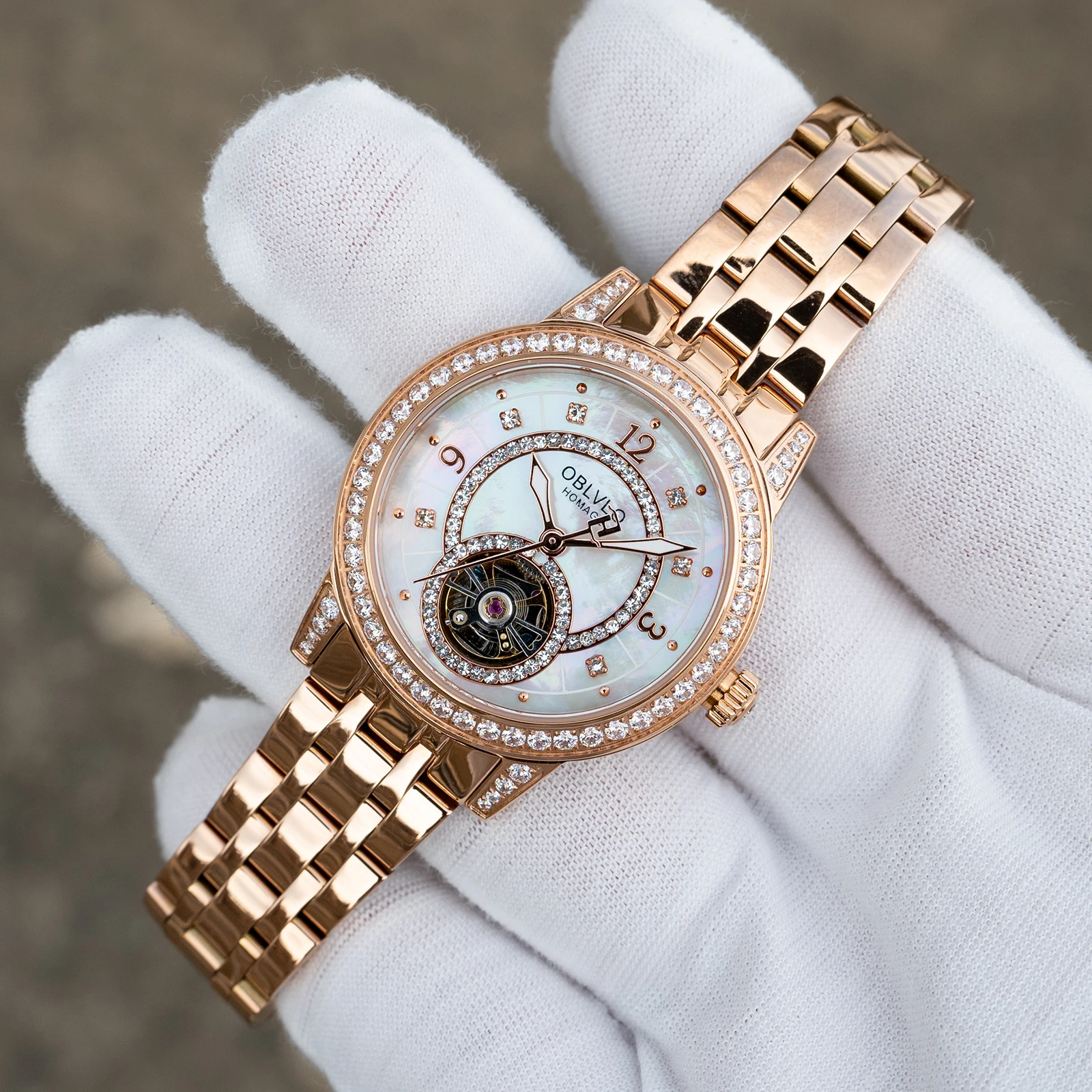 OBLVLO Elegant Style Rose Gold Diamonds MOP Dial with Tourbillon Automatic Dress Watch for Women Bracelet Band Ladies Wristwatch
