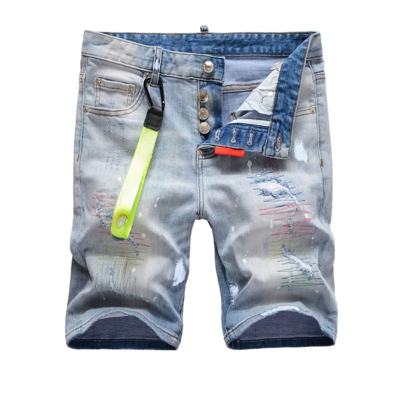 

New Summer Men Light Blue Ripped Denim Shorts Fashion Male Italian High Street Style Denim Jeans Shorts Straight Casual Jeans 42