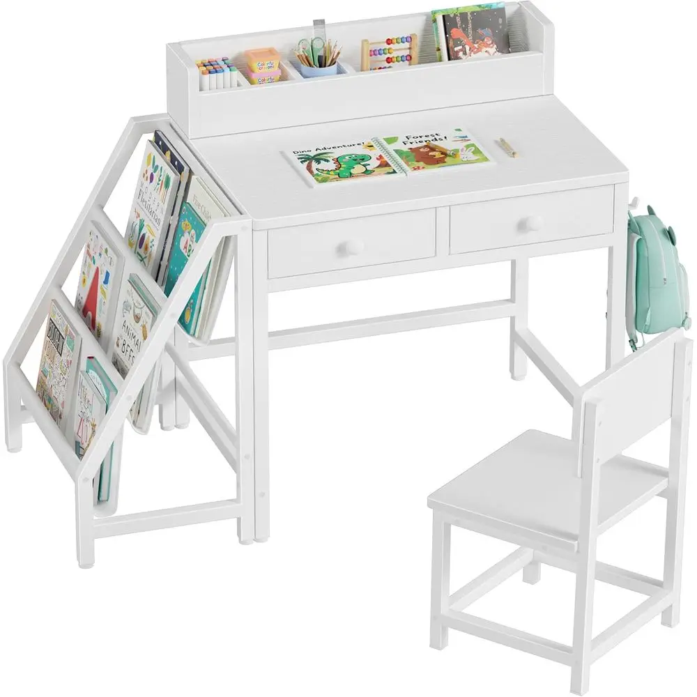 

Children's Study Desk and Chair Set for Ages 5-8, Compact Kids Desk with Bookshelf and Fabric Drawer Storage