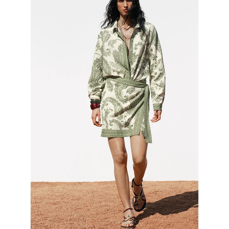 

Spring Summer New High Waist Printed Long Sve Collar irt And Skirt Set Women's Faion Ensemble ZA Brand