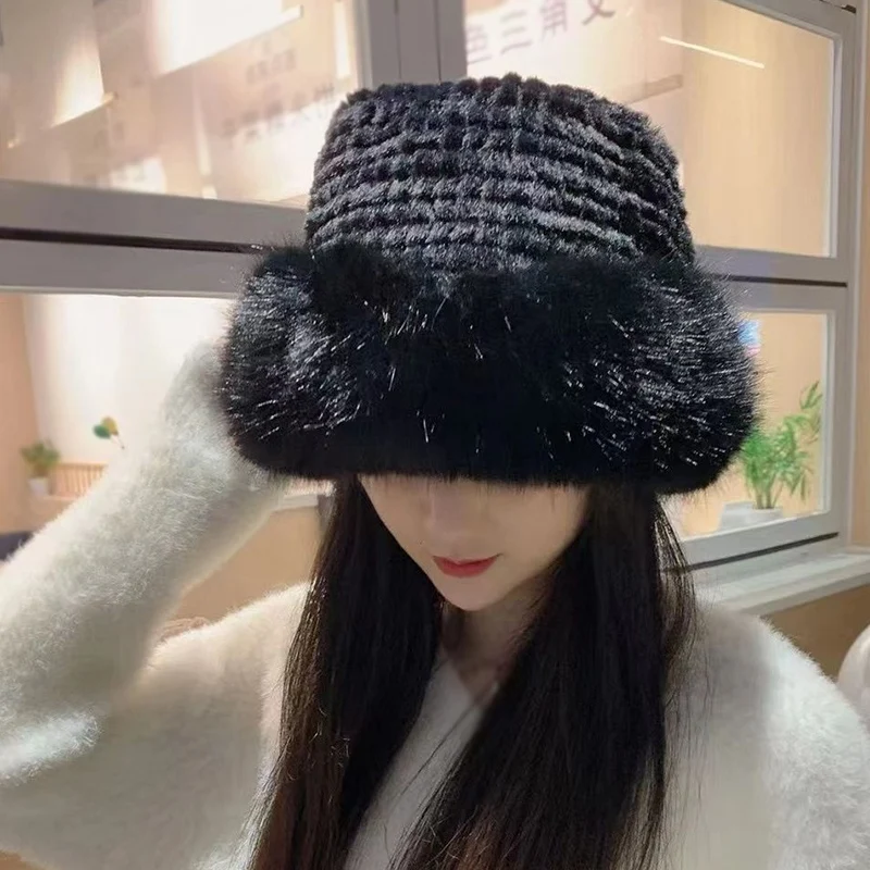 

Winter Hats Plush Ladies' Fisherman Hats Integration of Fur Keep Warm Thickened Ear Protection Small Face Wide Brim Caps