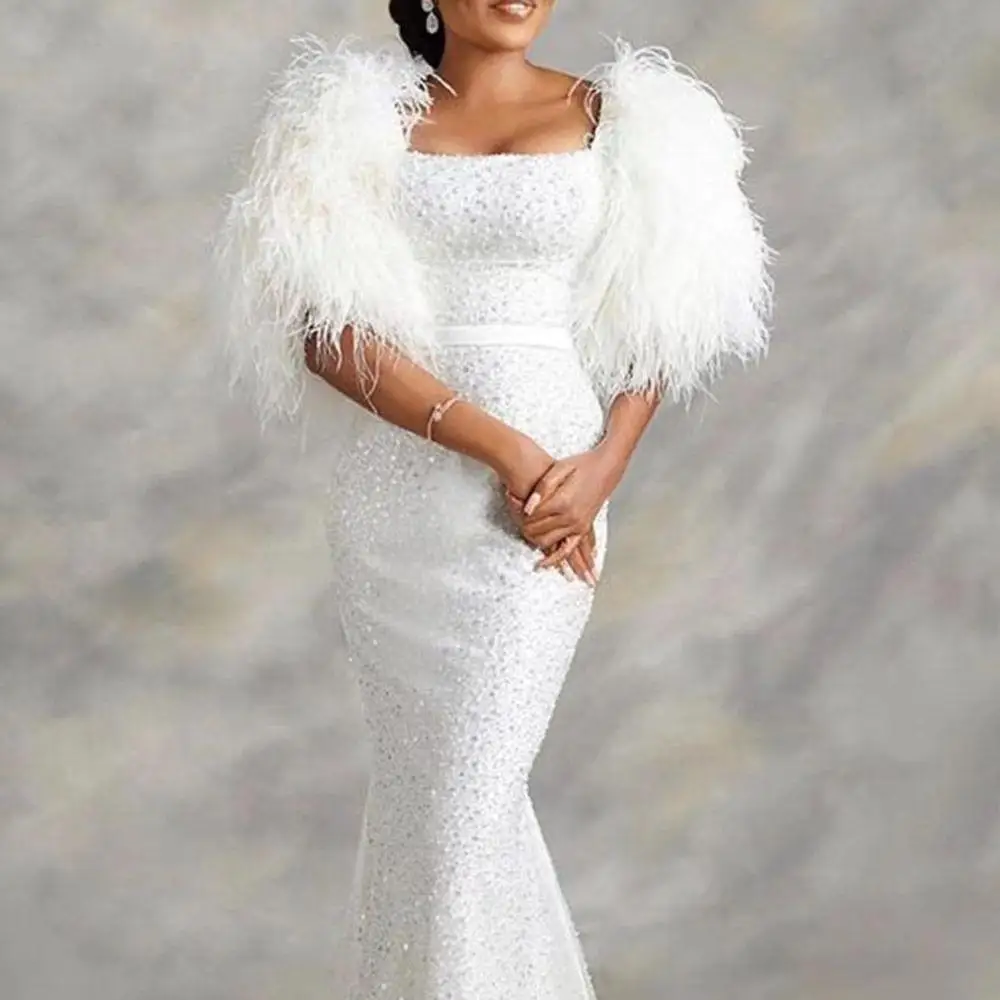 African Wedding Party Dresses for Women White Maxi Sequin Square Collar Feathers Gowns Elegant Fitted Outfits Christmas Dress