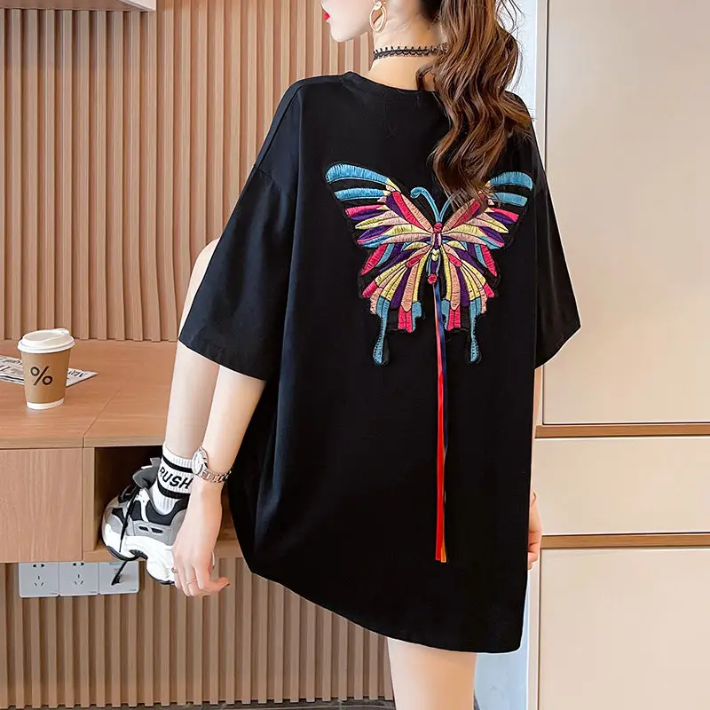 Female Clothing Fashion Butterfly Embroidery T-shirt Casual Loose Summer Short Sleeve Commute Basic O-Neck Drawstring Pullovers