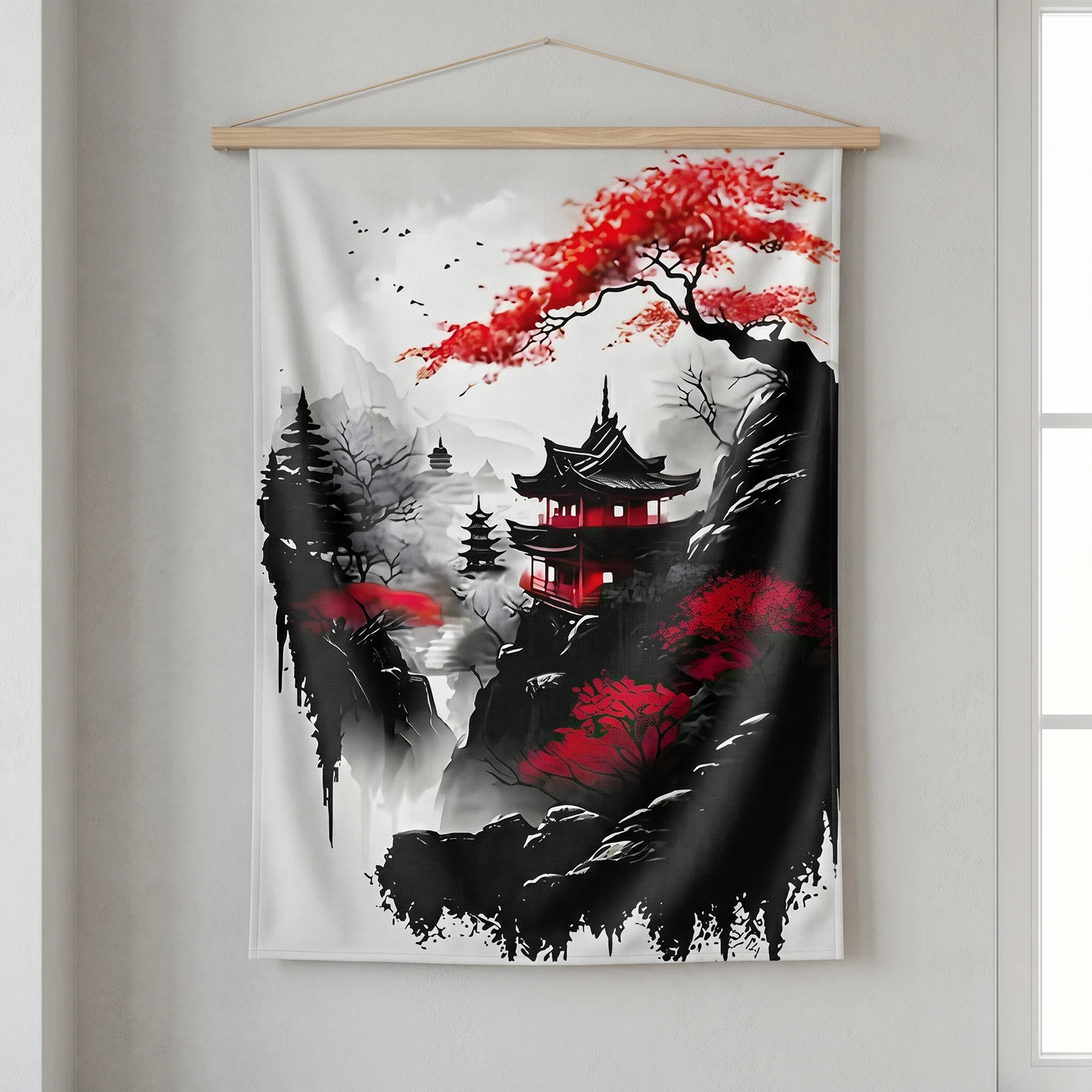 日本自然風景画キャンバスリビングルーム寝室装飾ヴィンテージ赤黒風景タペストリー60-x-90cm