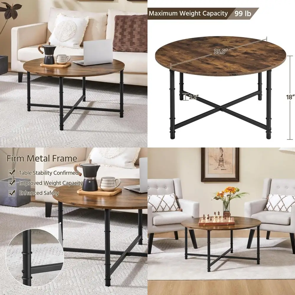 

Rustic Circle Coffee Table with Modern Metal Legs for Living Room