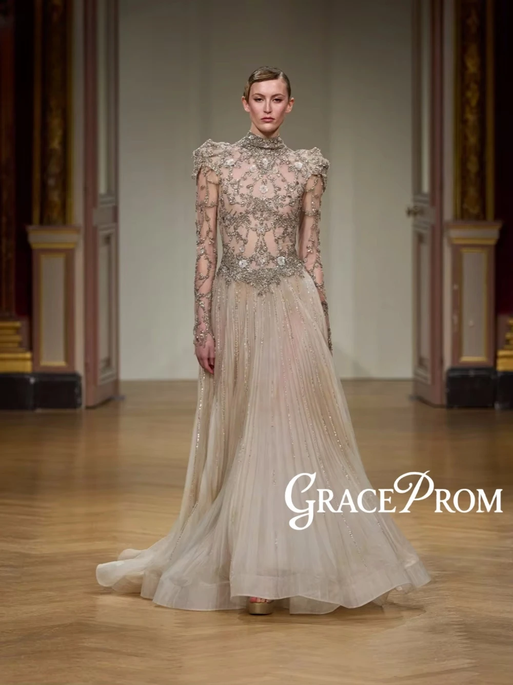 

Винтажное вечернее платье с высоким воротом, романтическое платье трапециевидной формы со стразами и длинными рукавами, индивидуальное платье для выпускного вечера, ослепительное женское официальное платье