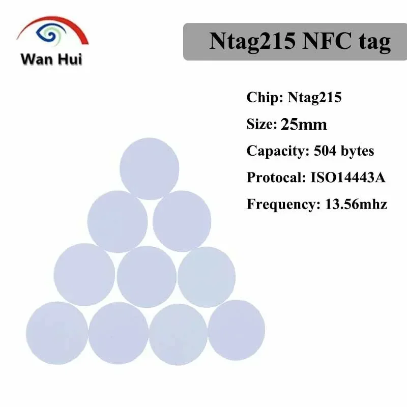 100pcs Ntag215 13.56MHz RFID NFC Key Tag NTAG 215 Ultralight RFID IC Round Tags Coin Card Diameter 25mm