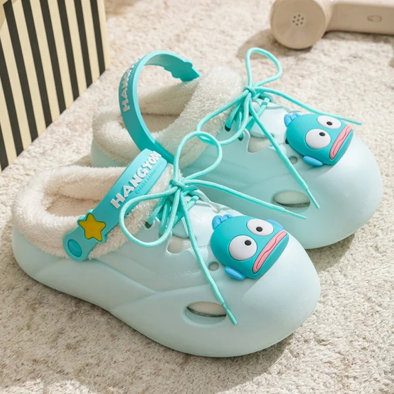 Genuine Sanrio Hangyodon Hello Kitty Plush Slippers Kuromi Warm Winter Indoor Slippers Flat Casual Non-slip Girl Home Shoes