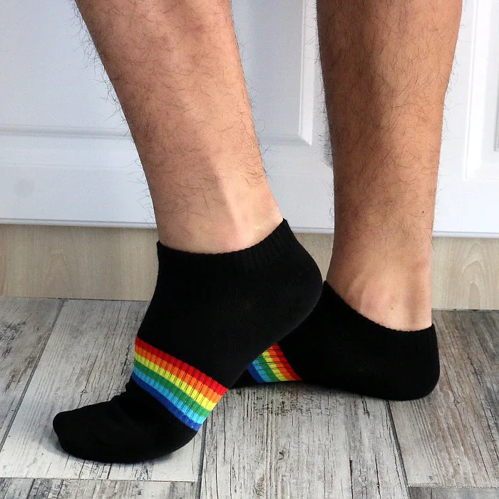 Paar/2 stücke Regenbogenst reifen Casual Sports ocken aus reiner Baumwolle Herren boot kurze Socken Frühling/Sommer dünne flache Munds ocke atmungsaktiv