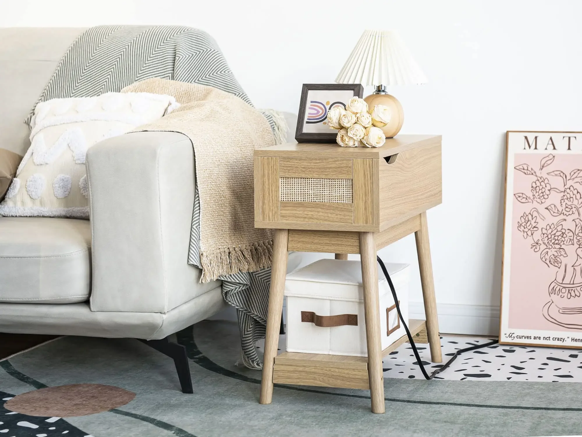

l # forModern Design Bohemian Style Wooden Flip Top Smart Nightstand Bedside Table with Charging Station for Bedroom