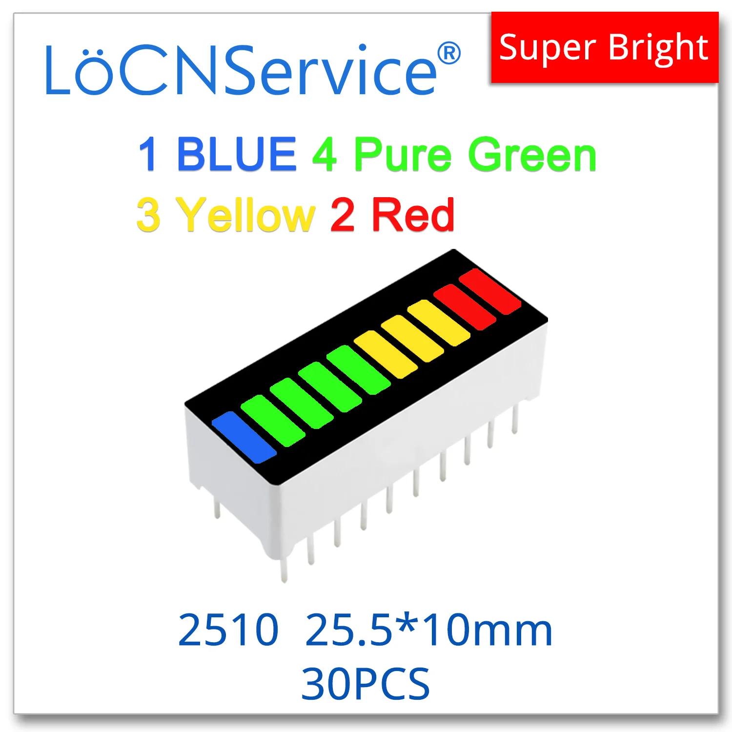 

LoCNService 30PCS LED Bar graph Light 10-segment 2510 1 Blue 4 Pure Green 3 Yellow 2 Red Bargraph multi color display module
