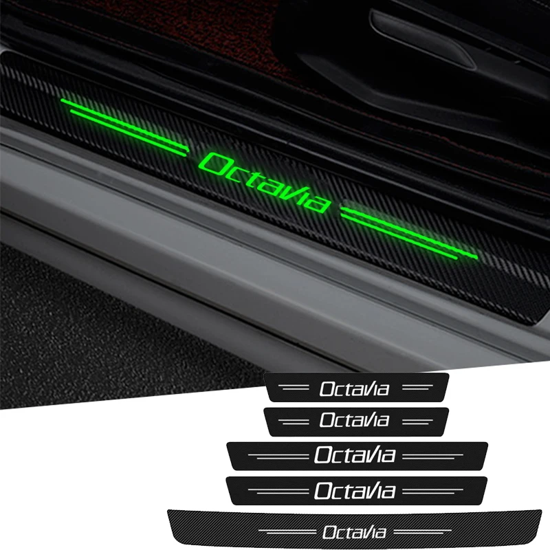 Luminous Carbon Fiber Stickers for Skoda Octavia Emblem Roomster Car Door Sill Threshold Tape Scuff Scratch Decals Accessories