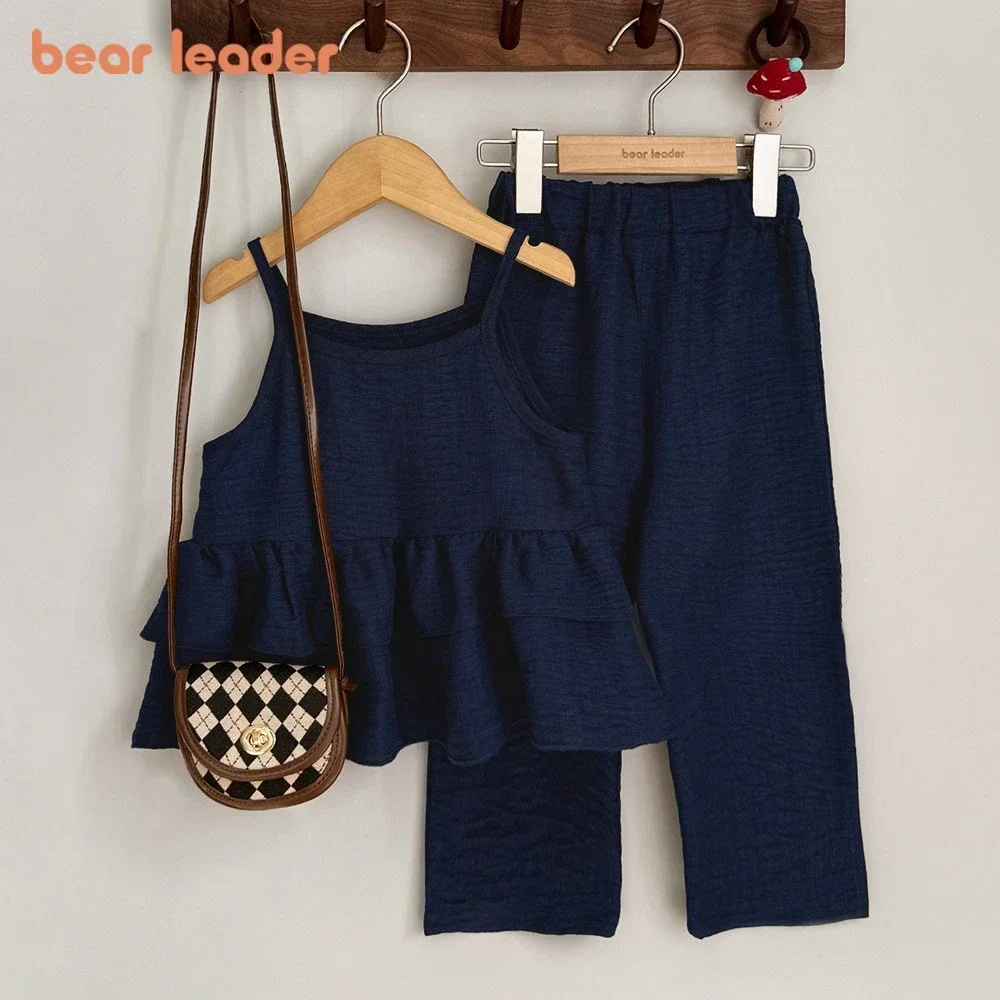 Bear Leader 2026 Kids Clothes Korean Version Solid Color Ruffle Strap Top+Pants 2-Pcs Set  3-7 Years Old Summer Baby Girl Suit
