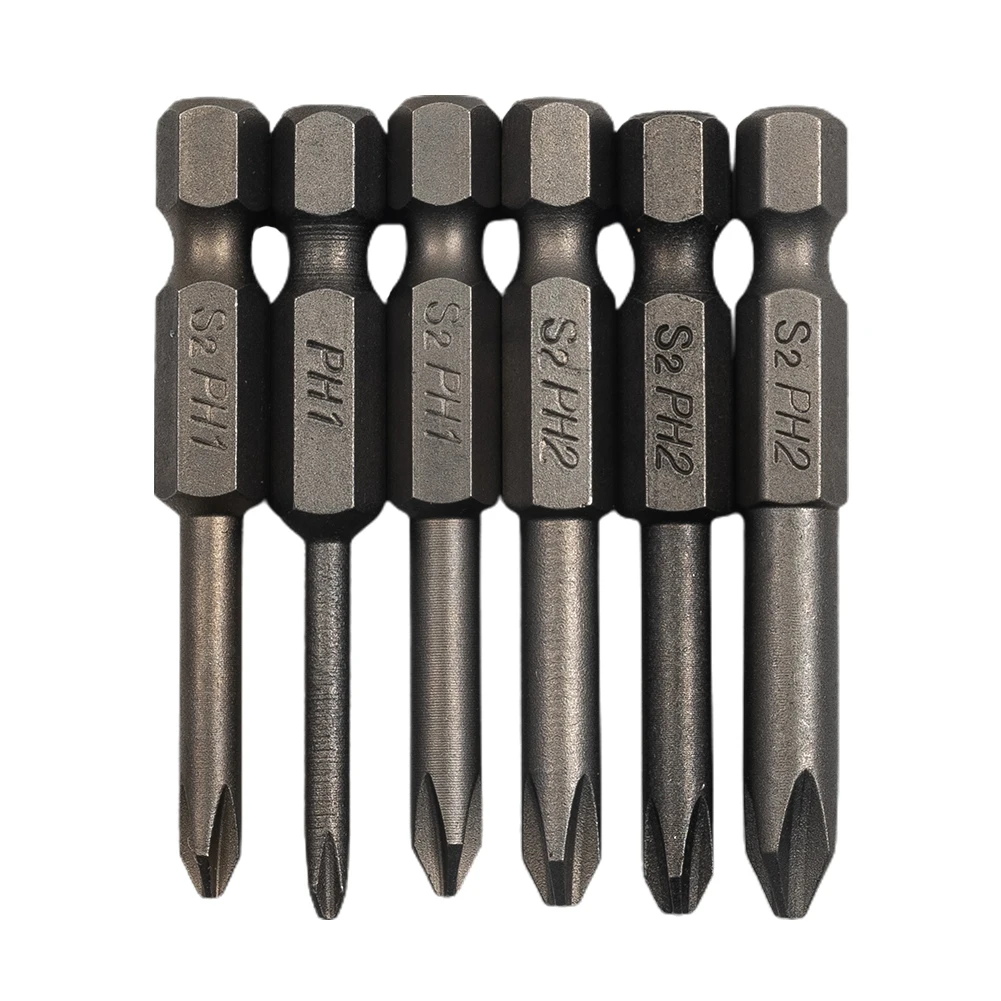 Magnetic Screwdriver Bit Set, 6Pcs, 50mm Length, PH1 and PH2 Cross Head Bits, Industrial Grade Alloy Steel Material