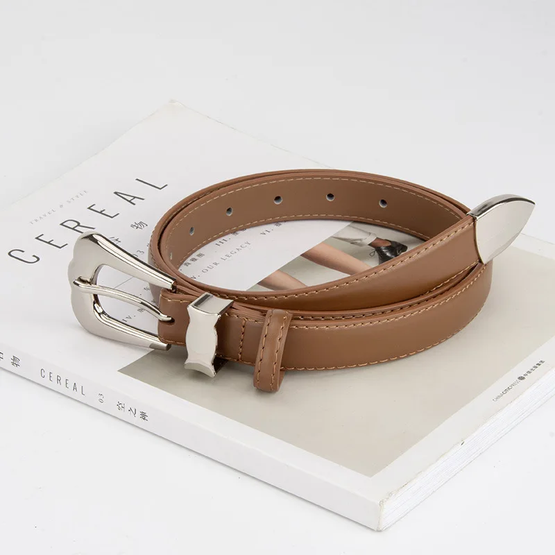 New retro high-grade silver buckle women's belt, genuine leather design, simple waist belt with jeans