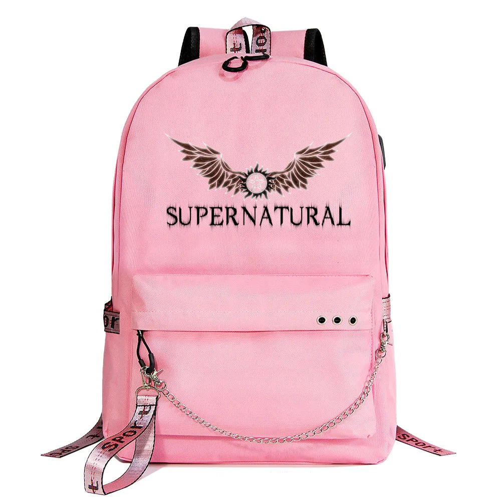 Supernatural Winchester Bros Sam Dean Students School Bag Women Men Causal Travel Laptop Backpack with Charging USB Teenager