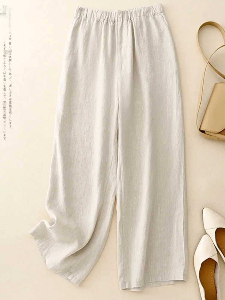 

Хлопковые льняные брюки прямого кроя для женщин, с высокой талией, на резинке, повседневные, широкие, длинные, весна-лето