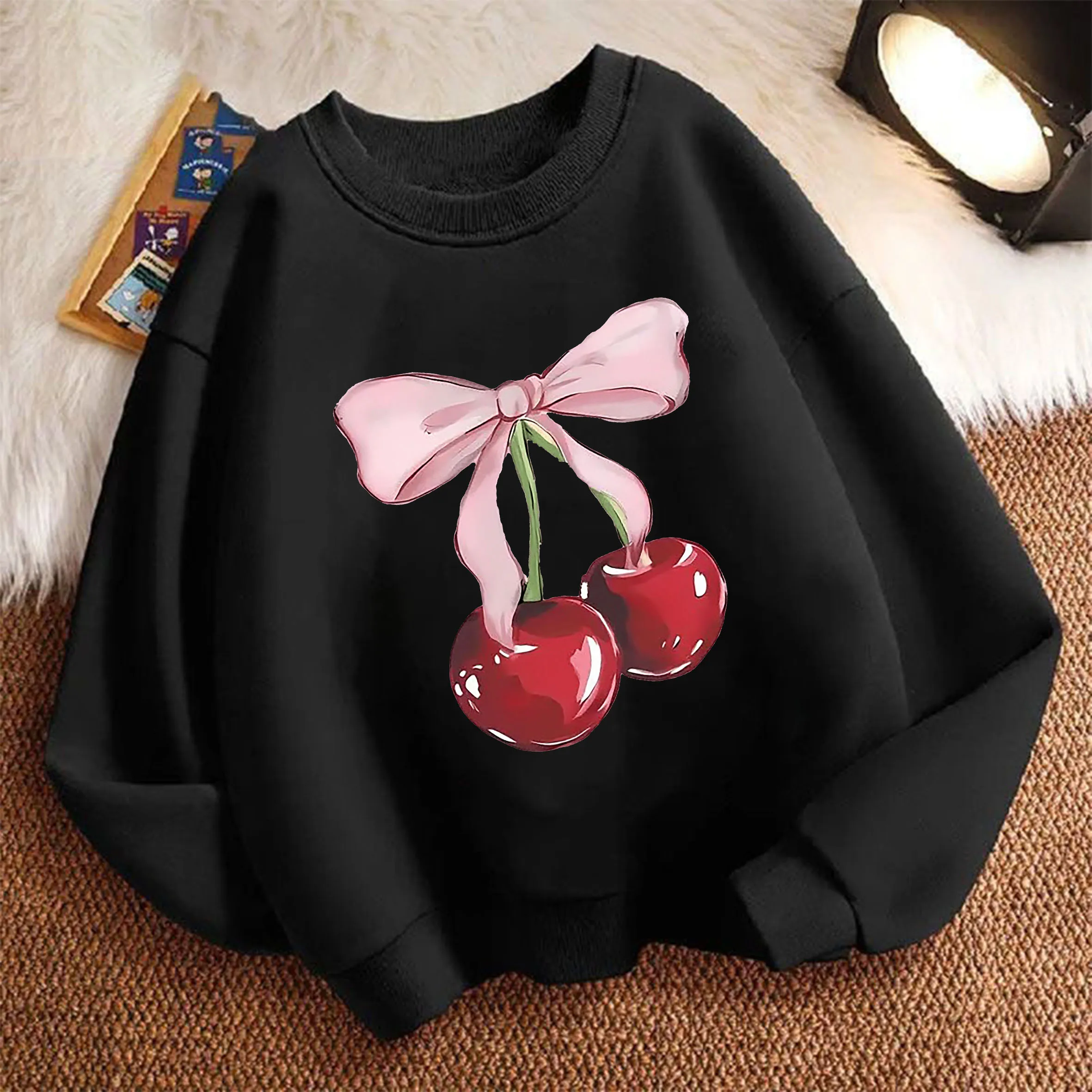 Mädchen-Sweatshirt Y2k mit Schleife und Kirsche Modischer Kinder-Pullover Frühling Rundhals Grafik-Print Hoodie Mädchen Kinder