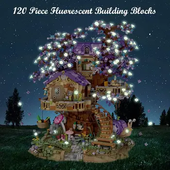 Mini Elf tree house city street view building blocks cherry blossom model DIY luminous structure boy girl children gift