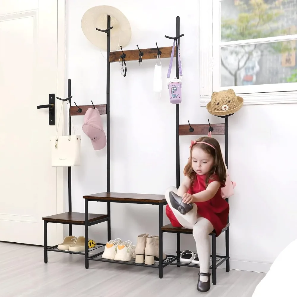 

Parent-Child Hall Tree Entryway Bench With Coat Rack Sturdy 3-in-1 Design Shoe Storage Functional Hallway Organizer Shoerack