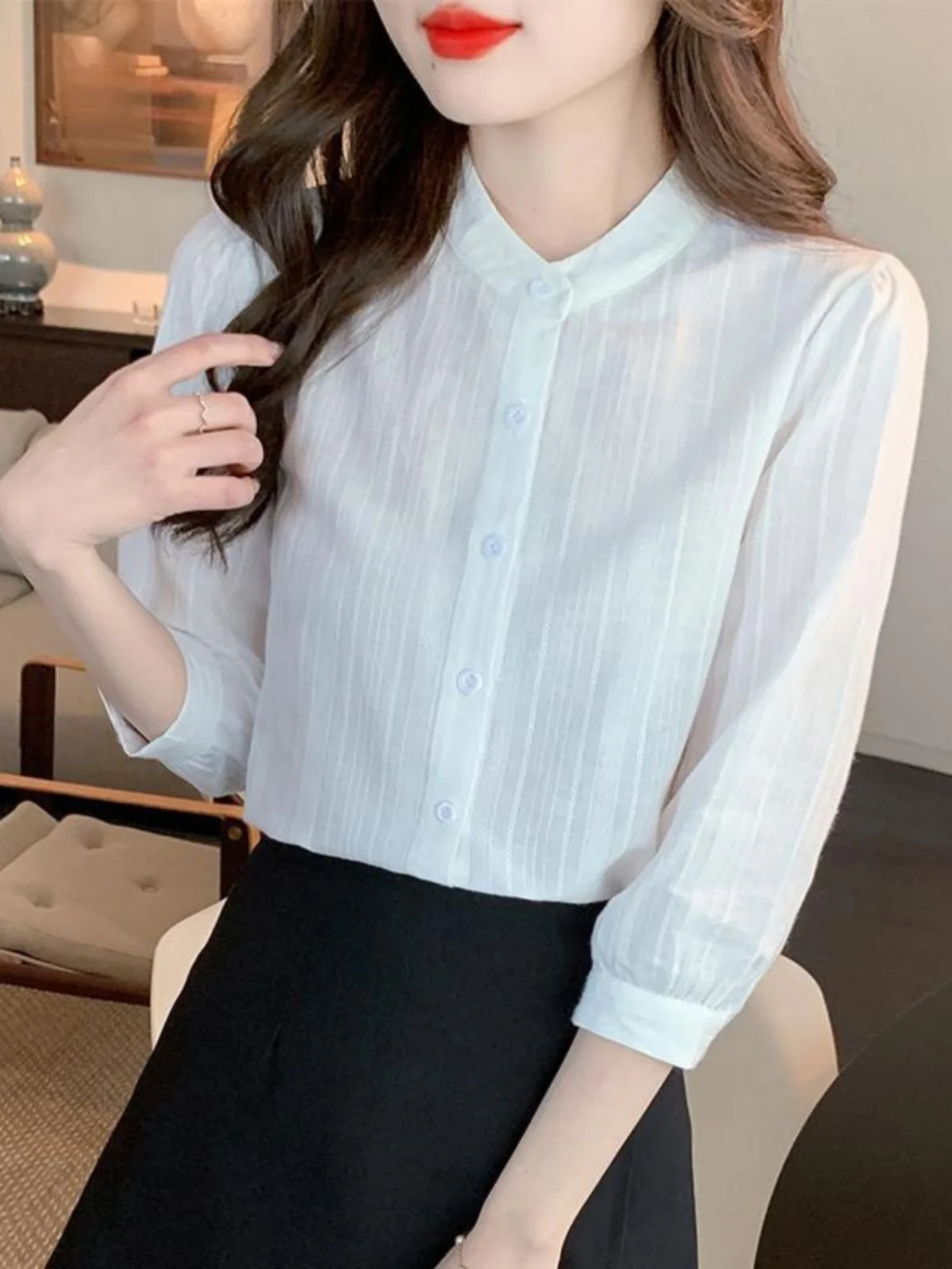 

Fenixuan Women's Cotton Linen irt Stand Collar 3/4 Sve Spring Summer New Sle Faionable Lightweight Luxury Top