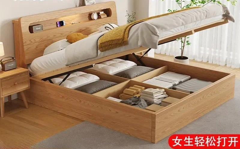 Full Solid Wood Bed with Air Pressure High Box Storage Double 1.8m Single 1.25m Tatami Style for Small Apartment Household