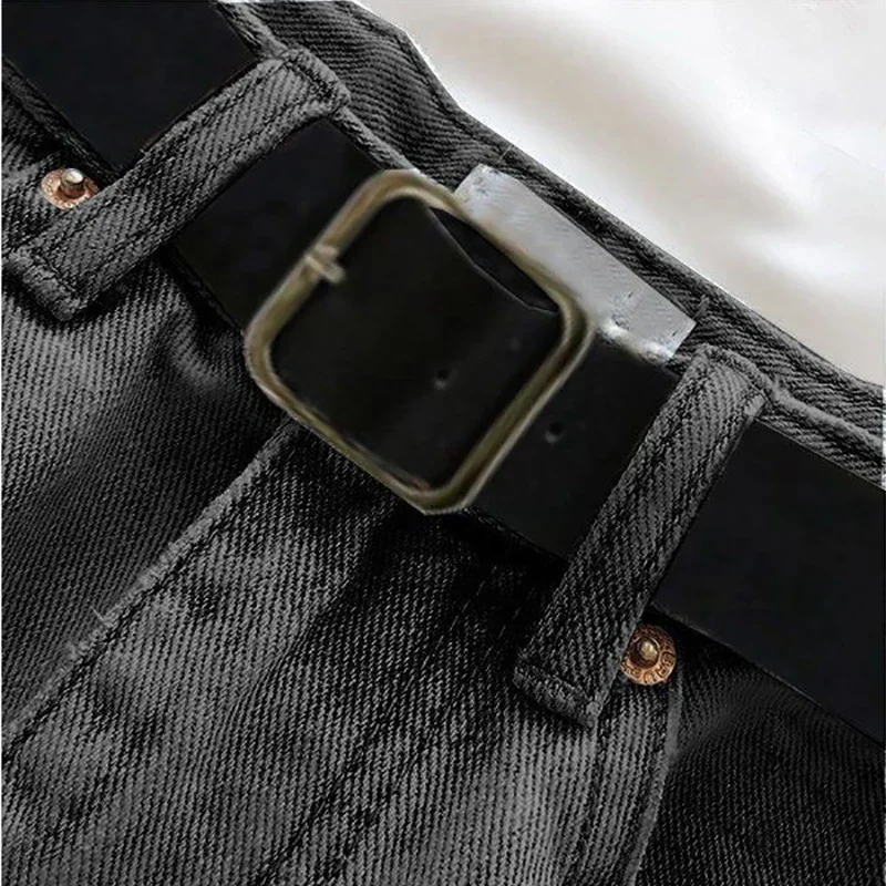 Women Casual High Street Denim Shorts With Belt Pocket High Waist A-line Jean Shorts Versatile Ripped Trousers Summer Streetwear