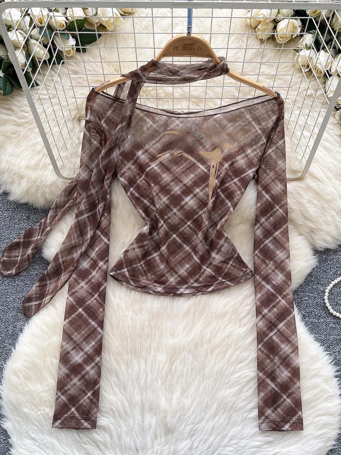 Retro American Spicy Girl One Shoulder Long Sleeve Mesh Plaid Sexy Slim Thin Drifting Belted See through T Shirt Women's Fashion