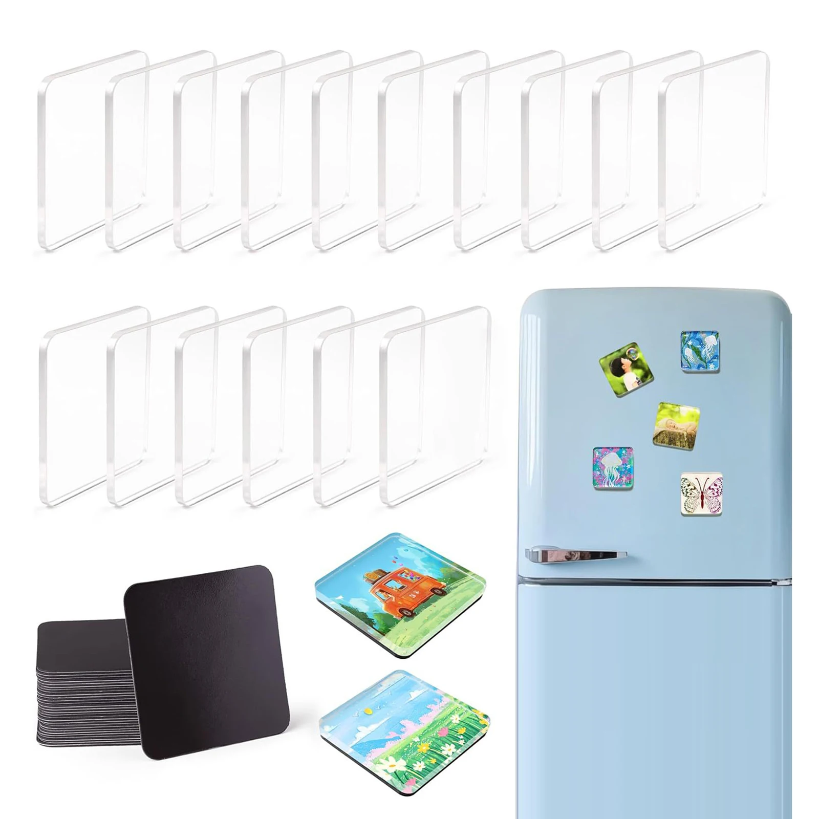 DIY Acrylic Fridge Magnet Kit 20 Pack Clear Rectangle with Self-Adhesive Backing Soft Magnetic Sheet Craft Set