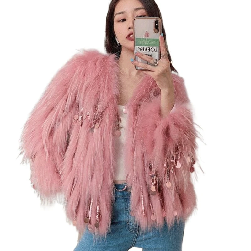 

Длинношерстная экологически чистая куртка из лисьего меха с бахромой, женская зимняя новая модная темпераментная куртка из искусственного меха енота