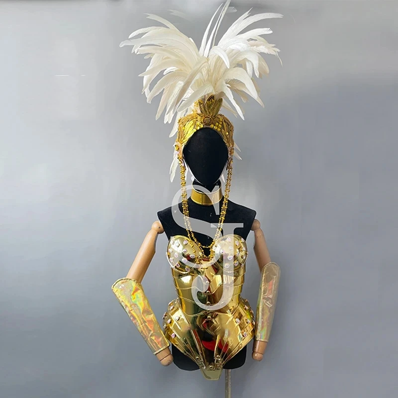 Armadura de ouro cantor dançarino palco traje retro espelho arrastar rainha palco vestir rave roupa carnaval luxo mostrar pano