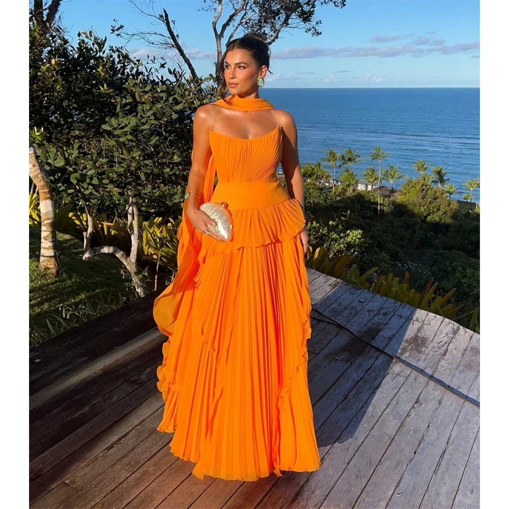 Orange Prom Dress Customized Strapless Draped Chiffon A-line Evening Dresses with Scarf Backless Floor Length Party Gowns image 5