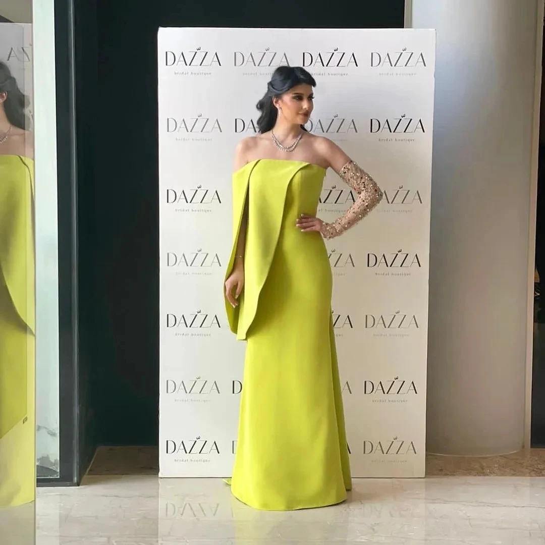 

Yellow Beaded Long Sleeves Bespoke Occasion Gown Evening Dresses Prom Pastrol Unisex Jersey Retro Dubai Saudi Arabic Customized