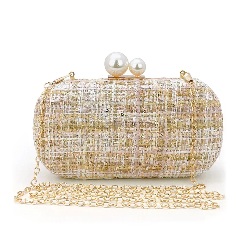 Sequin Tweed Evening Bag Faux Pearl Clutch Purse Plaid Pattern Handbags for Wedding Party Prom Small Shoulder Crossbody Bags