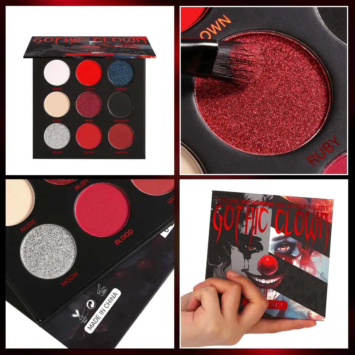 Red Black Eyeshadow Palette Goth Clown Halloween Makeup, White Silver Glitter