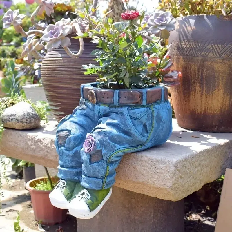 1pc Jeans Pantaloni Forma Vaso di Fiori Statua in Resina, Vaso Succulente Fioriera per Giardino Interno Cortile Prato Portico Patio Esterno