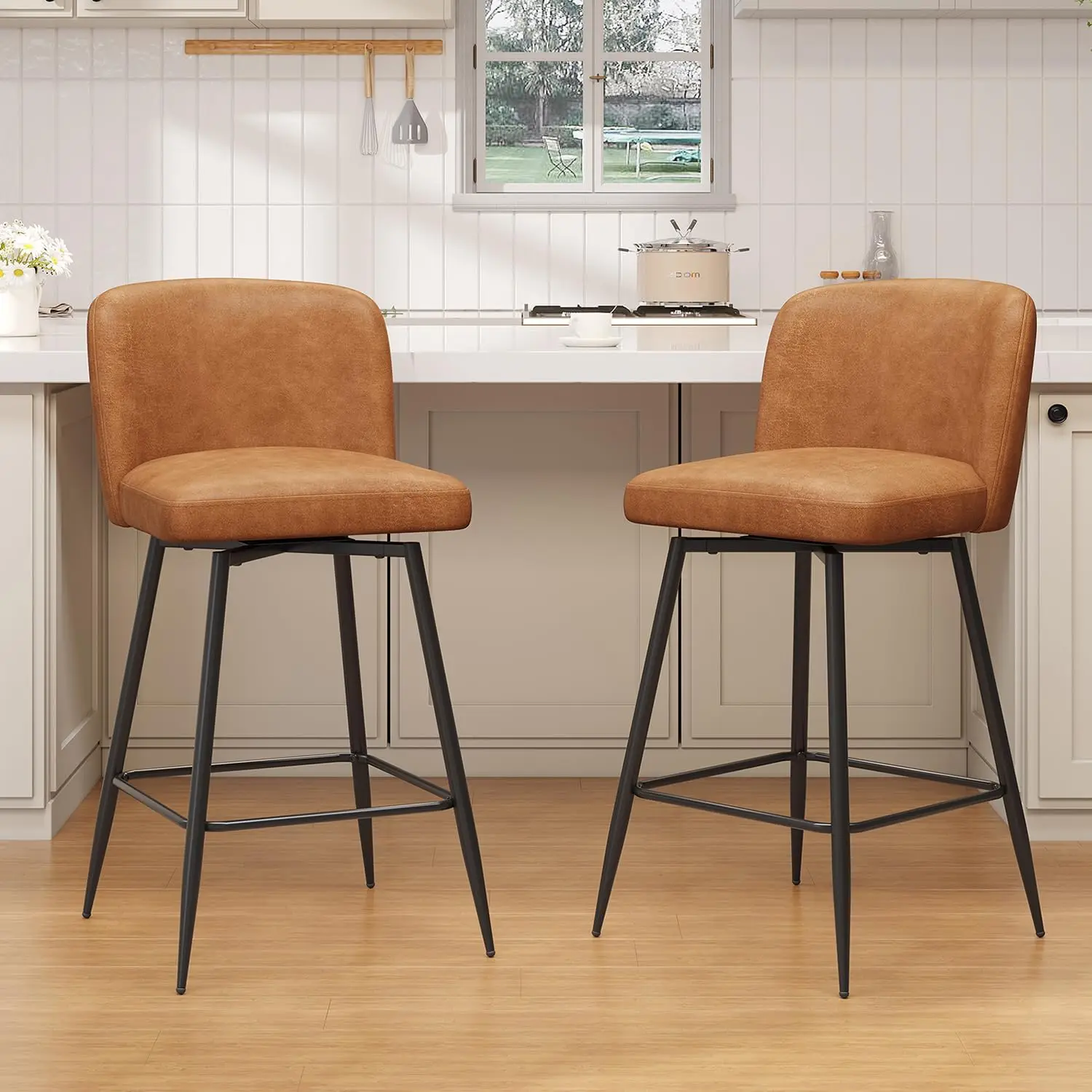 

27 Inch Counter Height Bar Stools Set of 2 Faux Leather 360° Swivel Chair with Back Kitchen Island Chairs Barstools